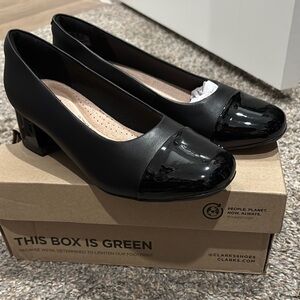 Clarks Black Low-Heeled Pumps with Patent Toe Cap